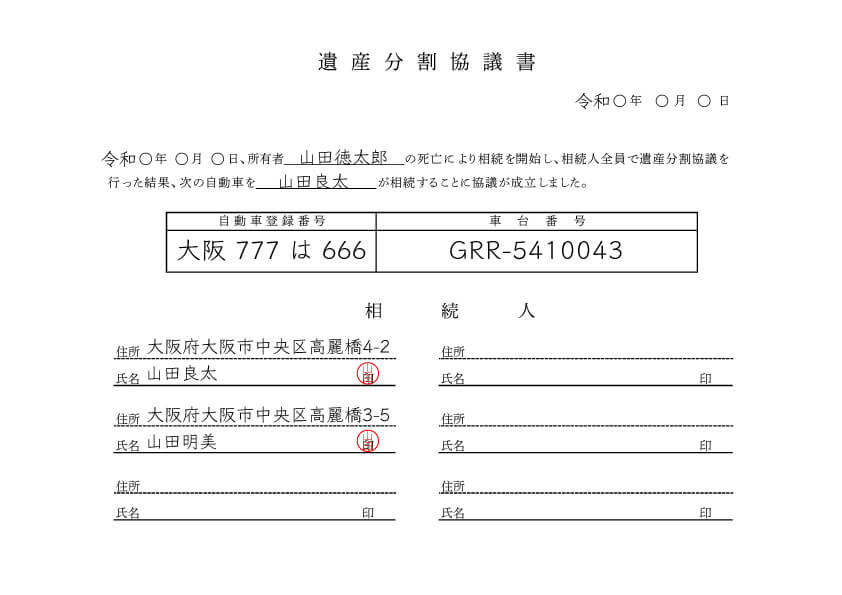 車の遺産分割協議書の記入例