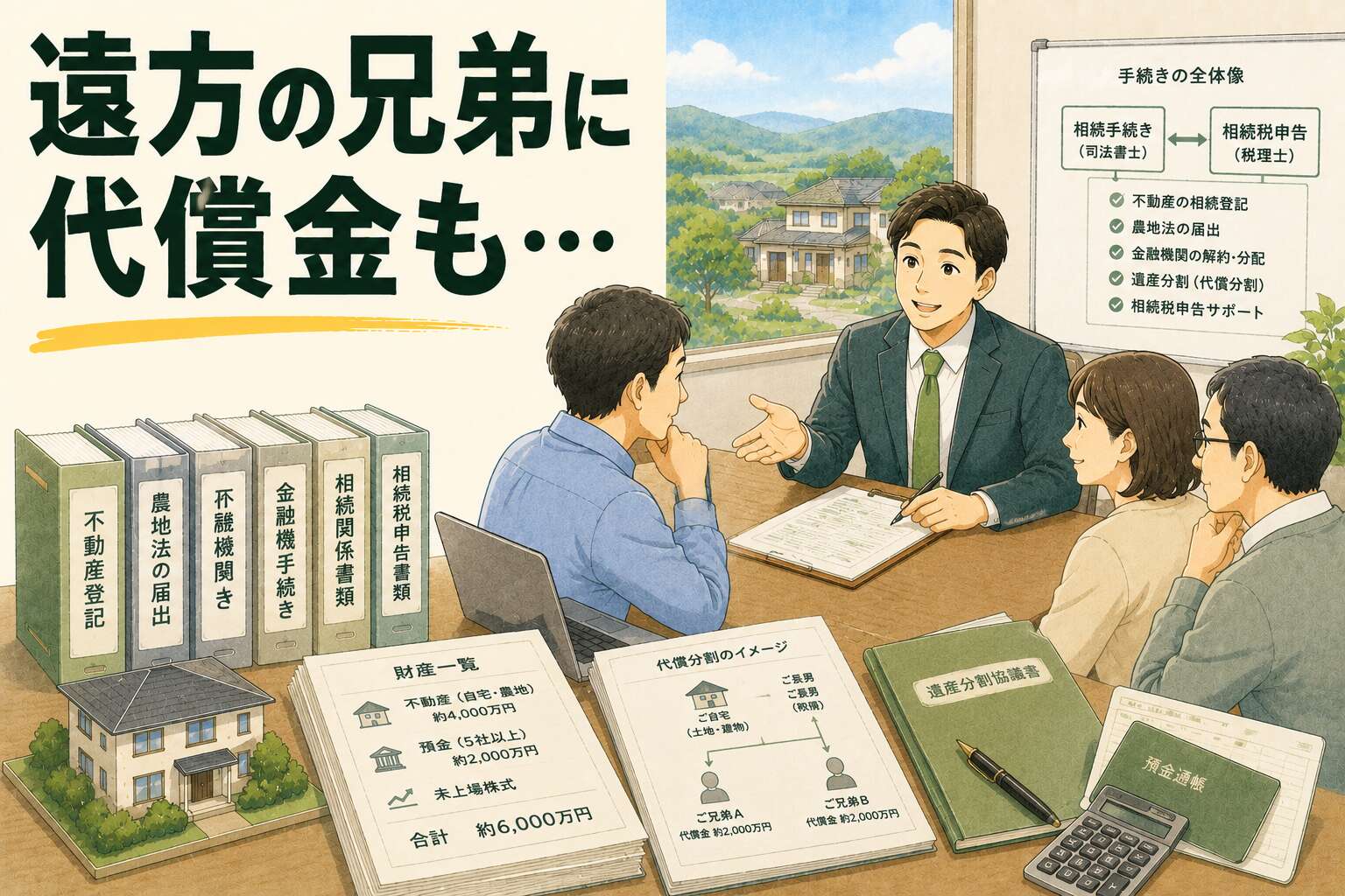 財産6,000万円・遠方の兄弟へ代償金約2,000万円。相続税申告と複雑な手続きを円満に解決した事例