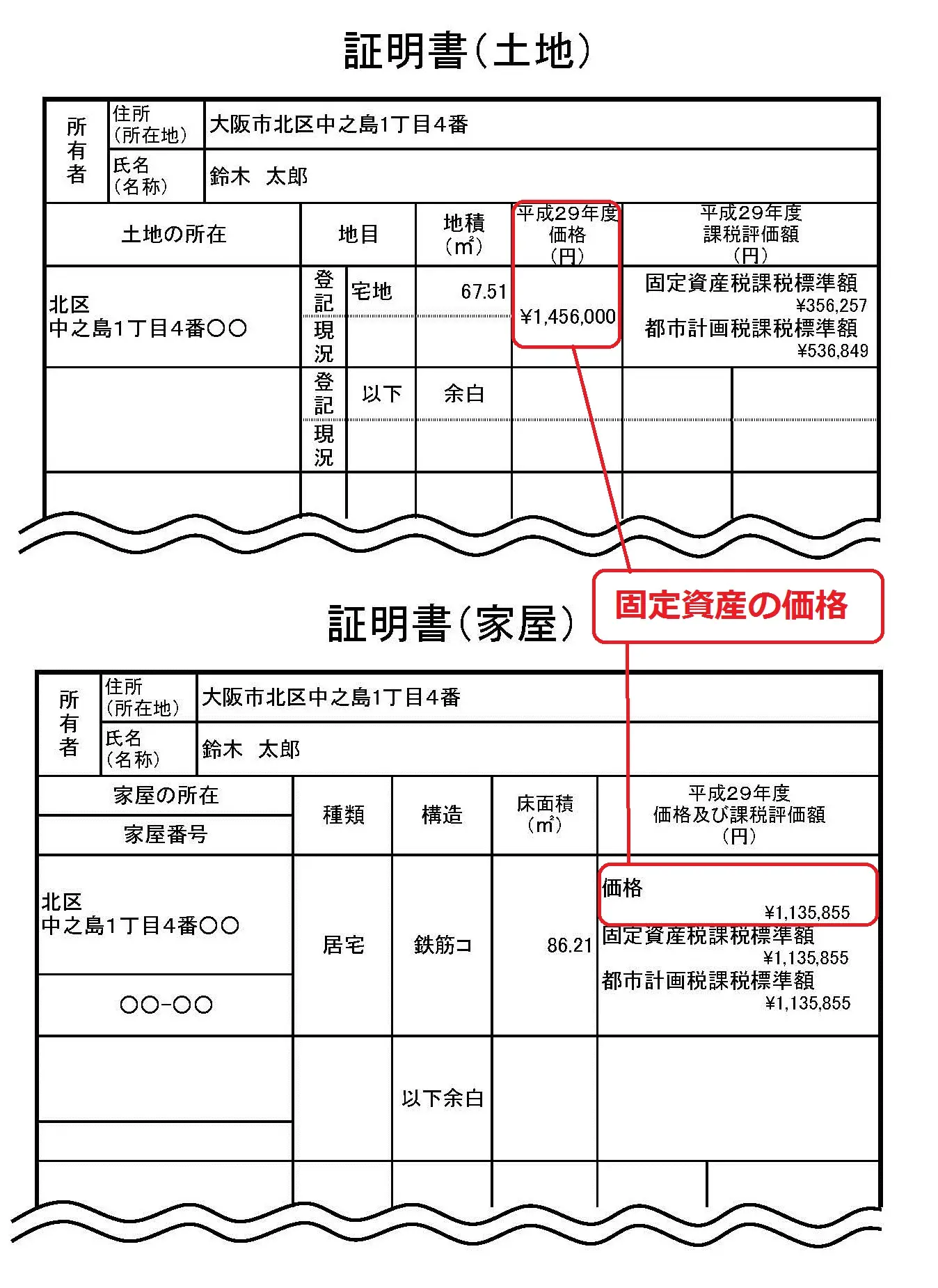 固定資産評価証明書における固定資産税評価額の記載例
