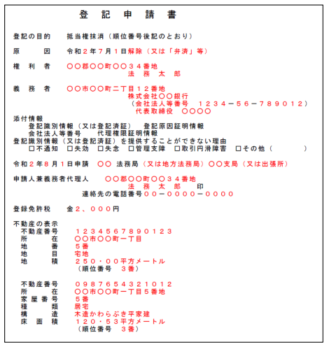 抵当権抹消のための登記申請書の例