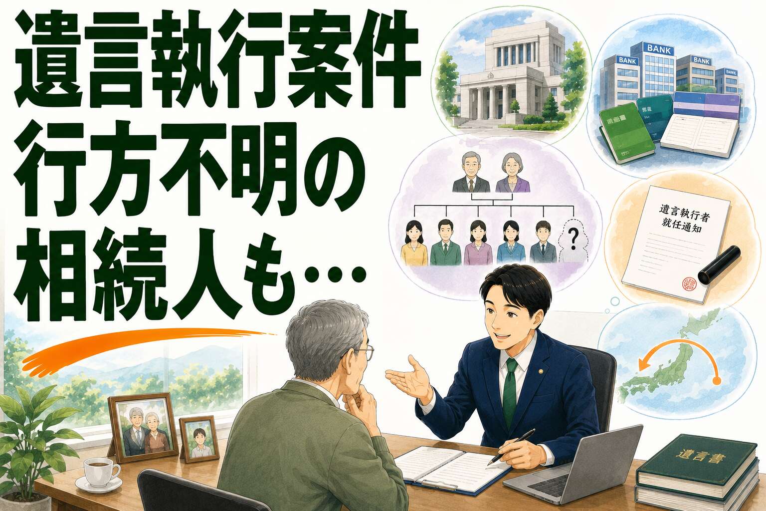 高齢・遠方のお父様に代わり、行方不明者を含む相続人への対応を行った遺言執行事例