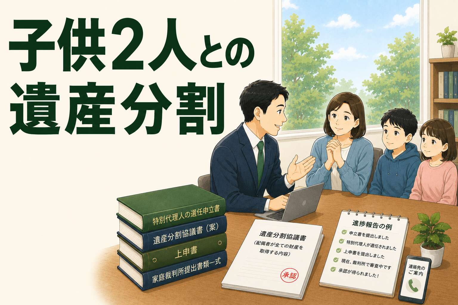 夫の急逝で幼い子供2人との相続。「母親に100％」の遺産分割を家庭裁判所に認めてもらった手続き事例