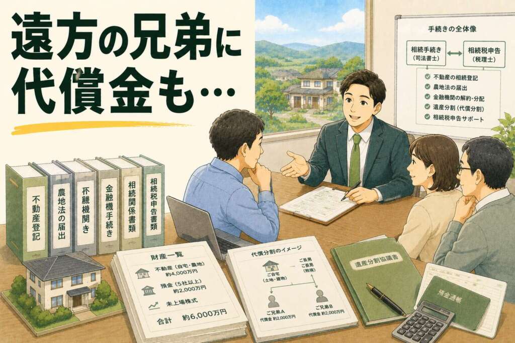 財産6,000万円・遠方の兄弟へ代償金約2,000万円。相続税申告と複雑な手続きを円満に解決した事例