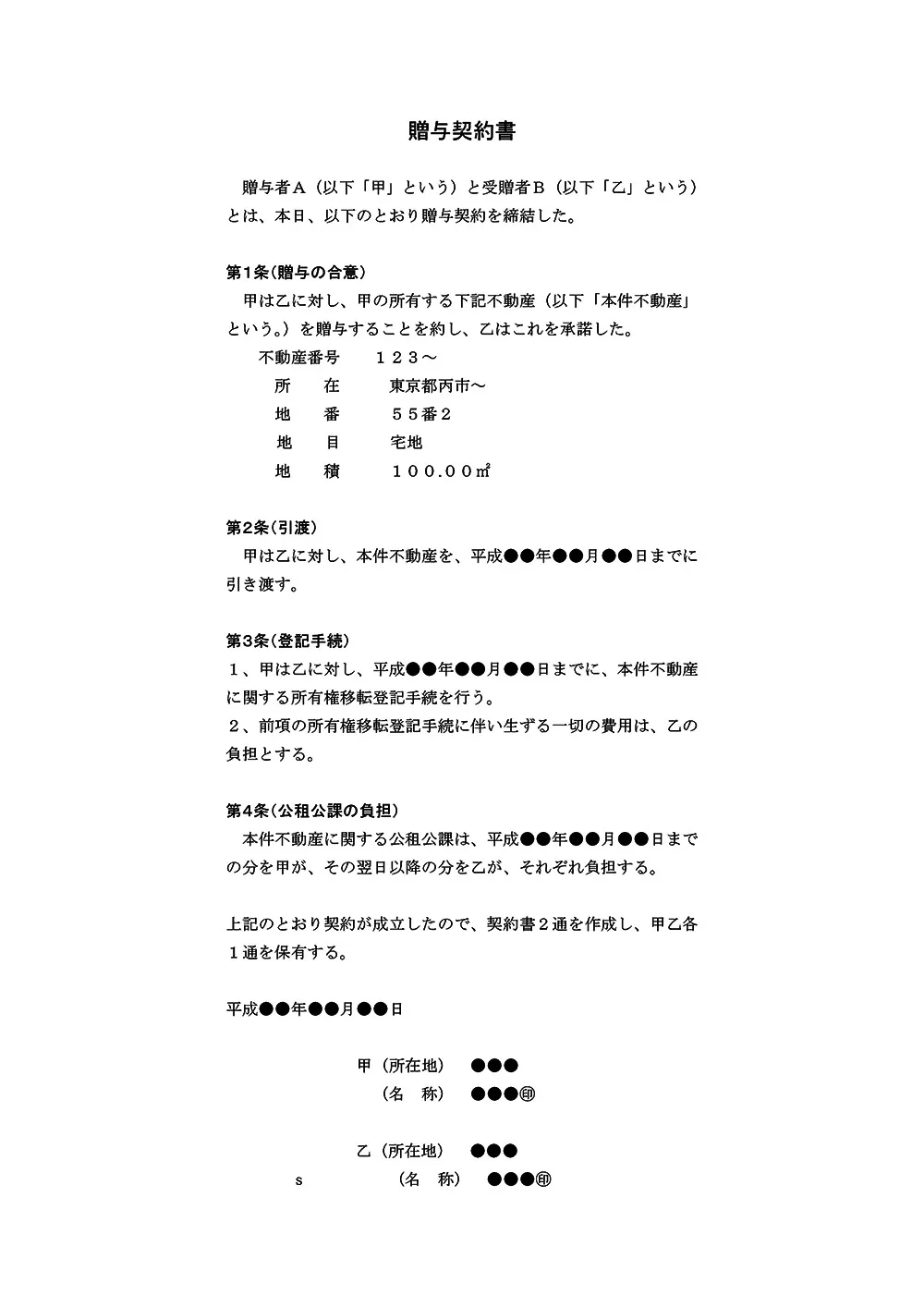 贈与契約書のサンプル