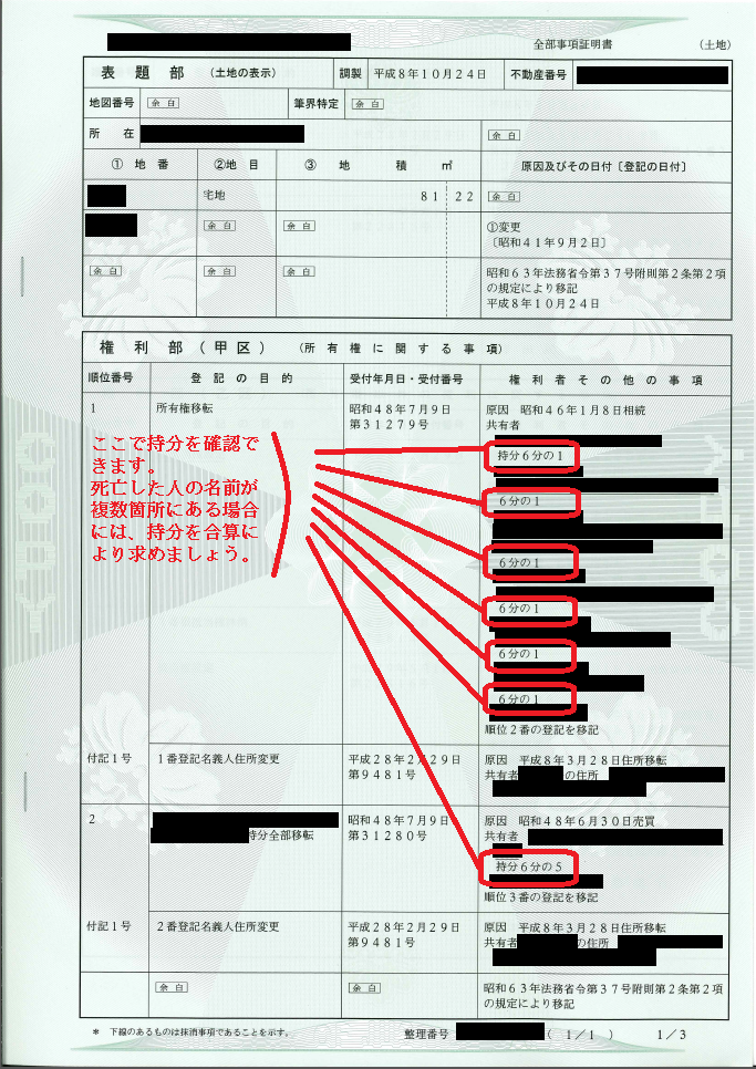 不動産を相続する人の住所・氏名、相続する不動産の持分を記載しましょう。持分は登記事項証明書で確認できます。