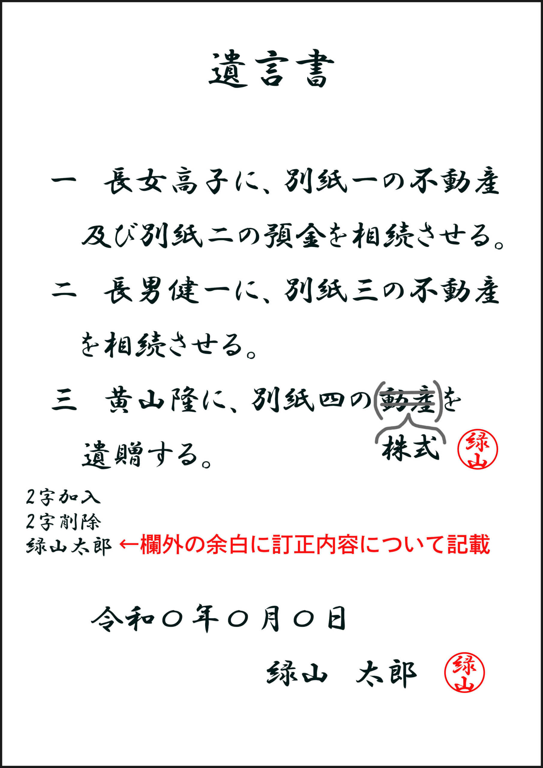 訂正時には訂正印を押しどこを訂正したか明確にする