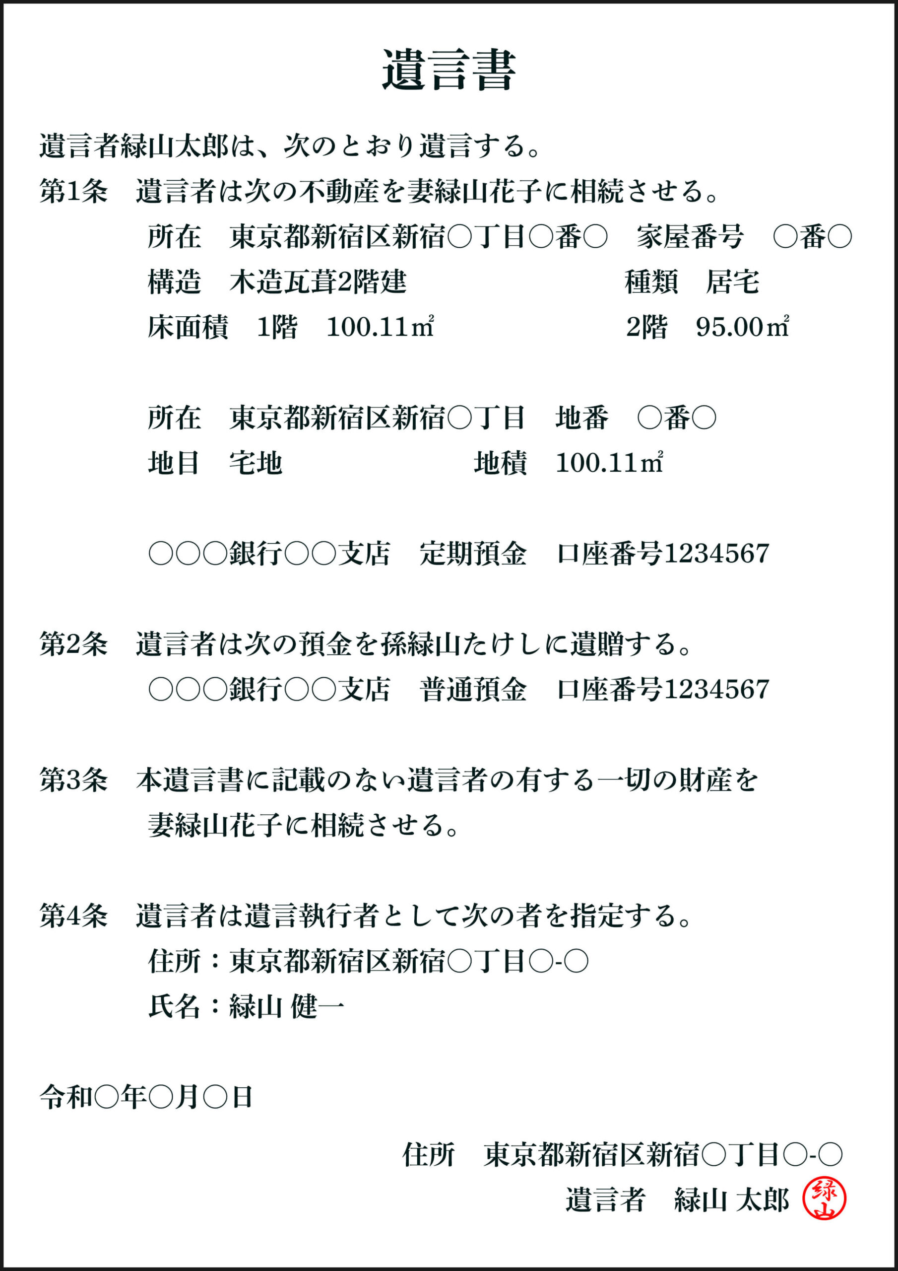 法定相続人でない人にも一部相続させたい場合の遺言書の参考例