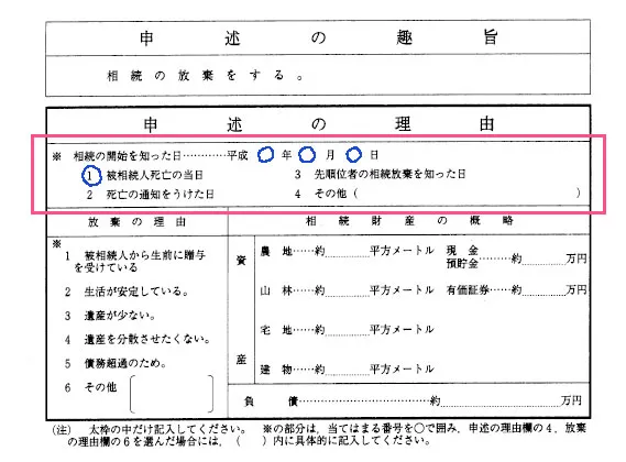 申述書の記入例、相続の開始を知った日を記入する