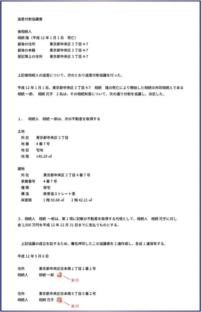 代償分割をする際の遺産分割協議書の記載例