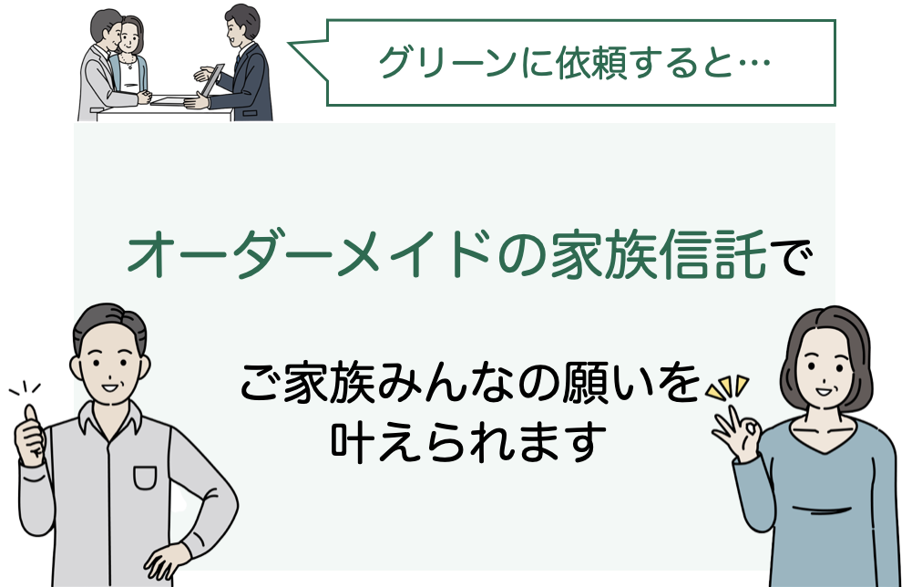 グリーンに依頼するとオーダーメイドの家族信託でご家族みんなの願いを叶えられるイメージ
