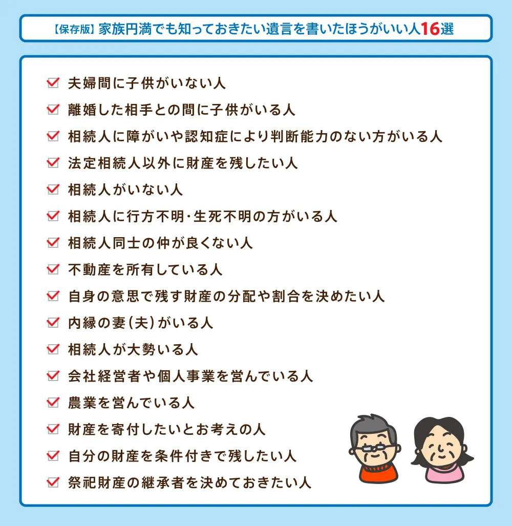 遺言書を書いたほうがいい人のチェックリスト