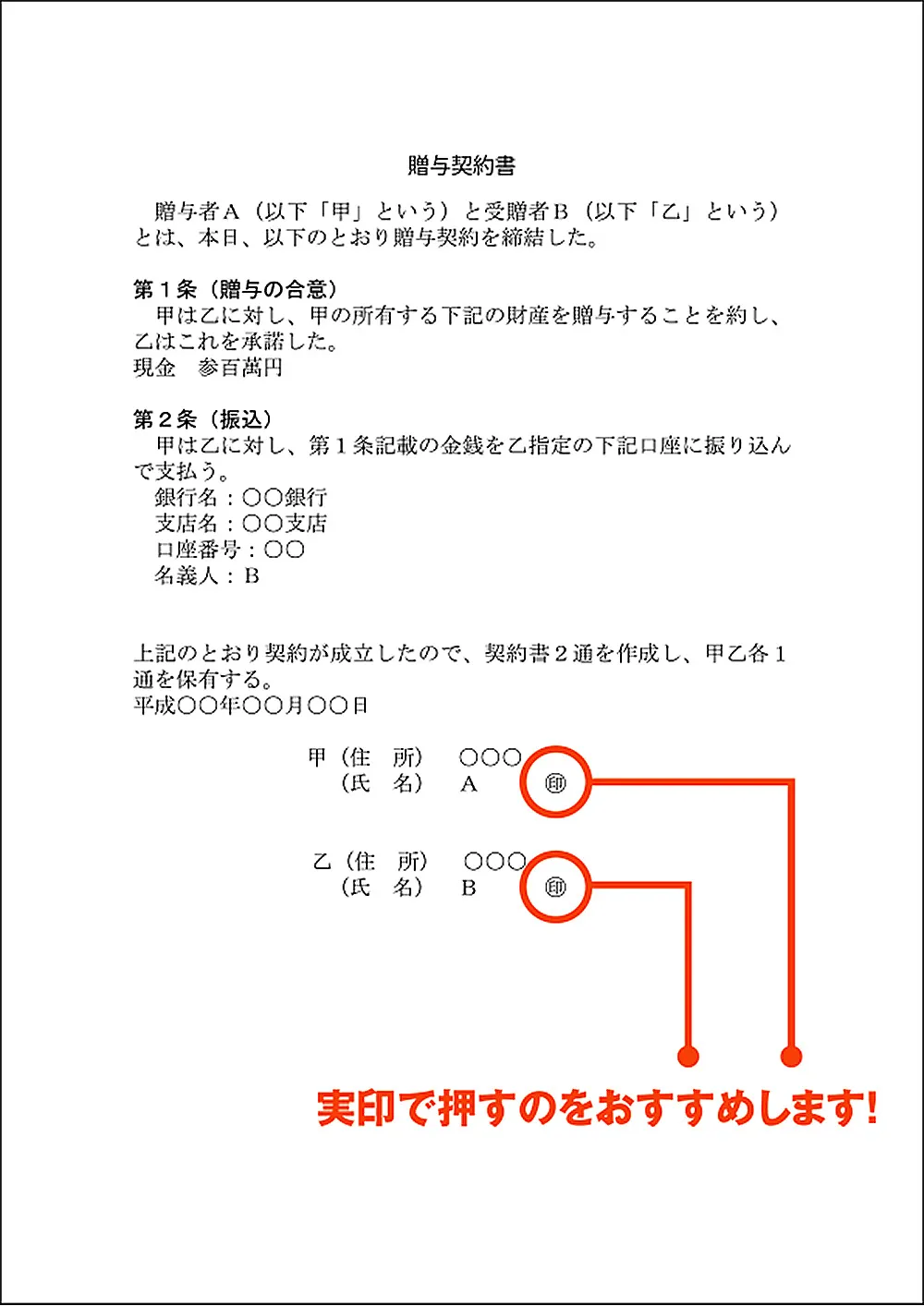 金銭贈与契約書