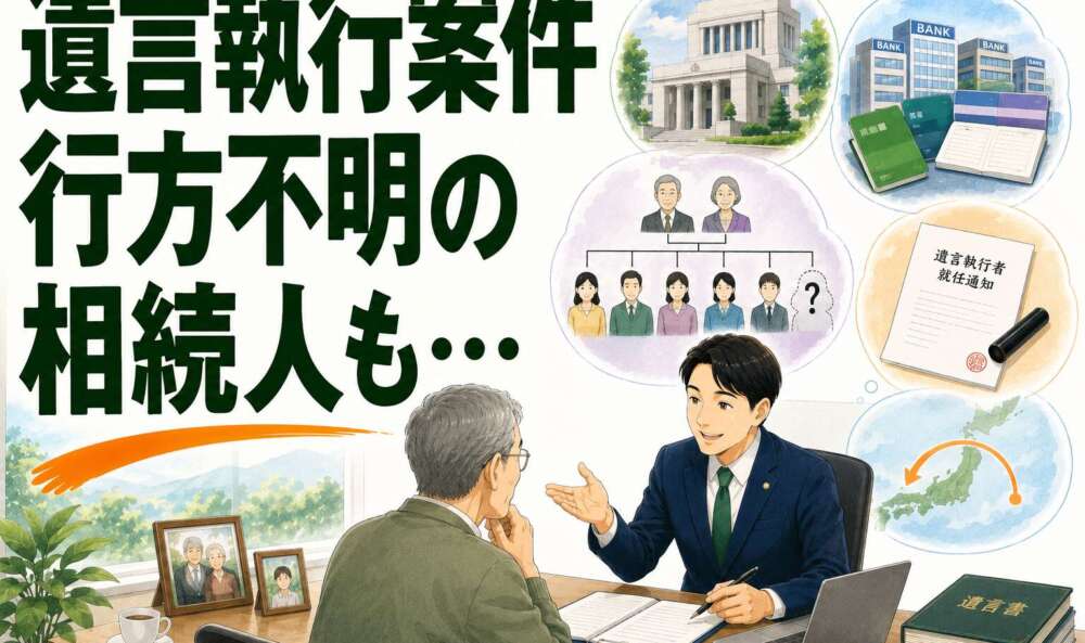 高齢・遠方のお父様に代わり、行方不明者を含む相続人への対応を行った遺言執行事例