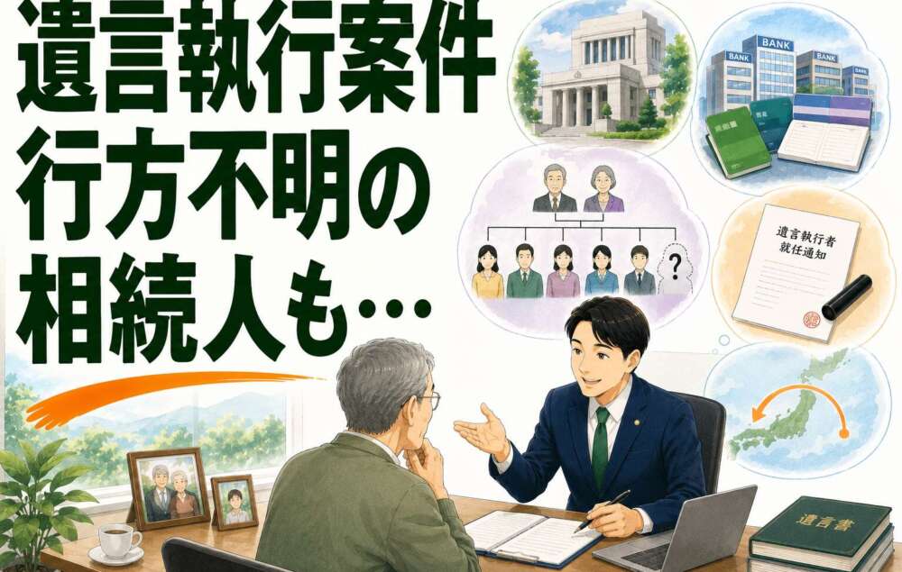 高齢・遠方のお父様に代わり、行方不明者を含む相続人への対応を行った遺言執行事例