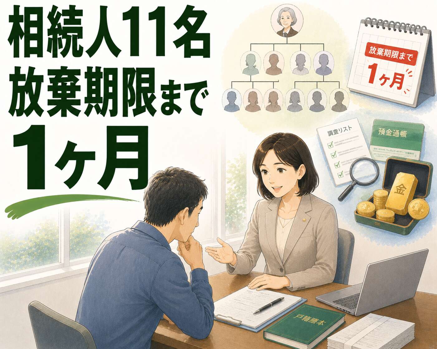 相続人11名、相続放棄期限まで1ヶ月。財産不明だった状況から全員の合意が成立した遺産分割事例