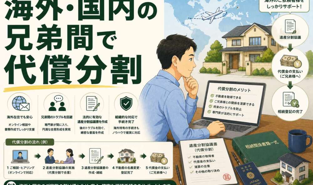 海外在住のご依頼者様とご兄弟の不動産相続。デジタルも活用し、代償分割による手続きを完了した事例