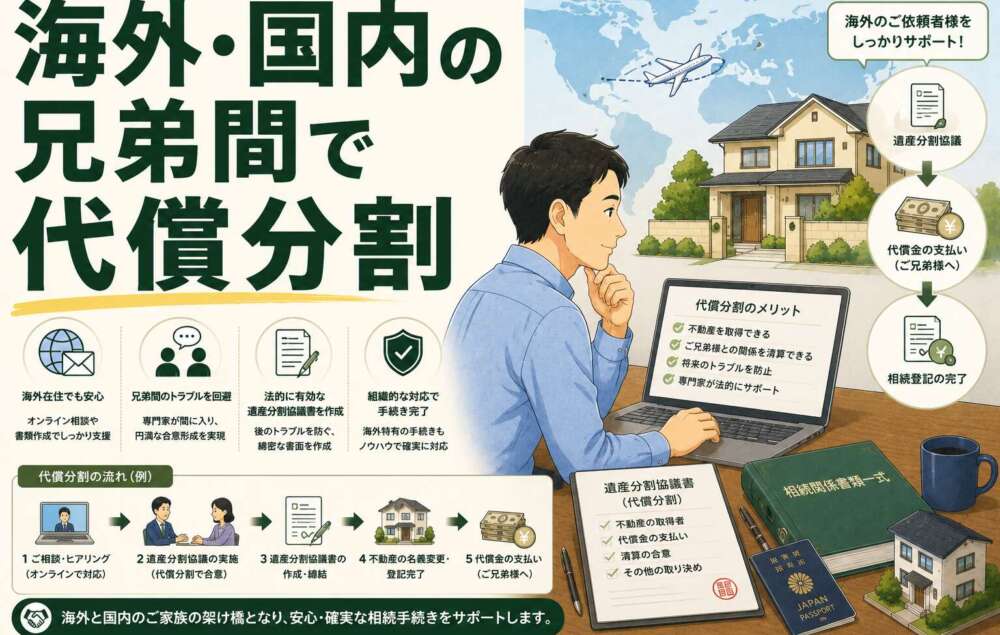 海外在住のご依頼者様とご兄弟の不動産相続。デジタルも活用し、代償分割による手続きを完了した事例