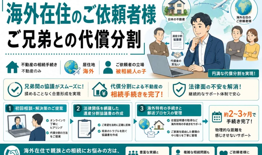海外在住のご依頼者様とご兄弟の不動産相続。デジタルも活用し、代償分割による手続きを完了した事例