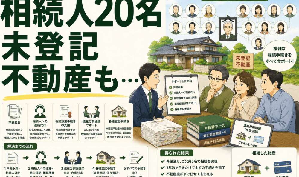 相続人多すぎ!→ご兄弟3人に絞り込んだ遺産分割。未登記不動産、地目変更にも対応した事例