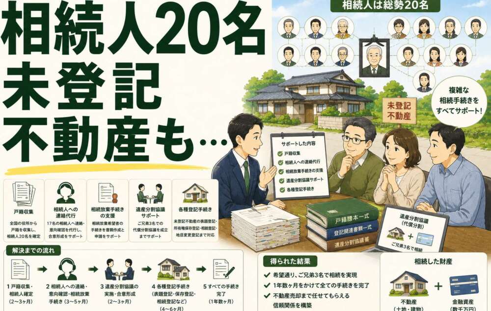 相続人多すぎ!→ご兄弟3人に絞り込んだ遺産分割。未登記不動産、地目変更にも対応した事例