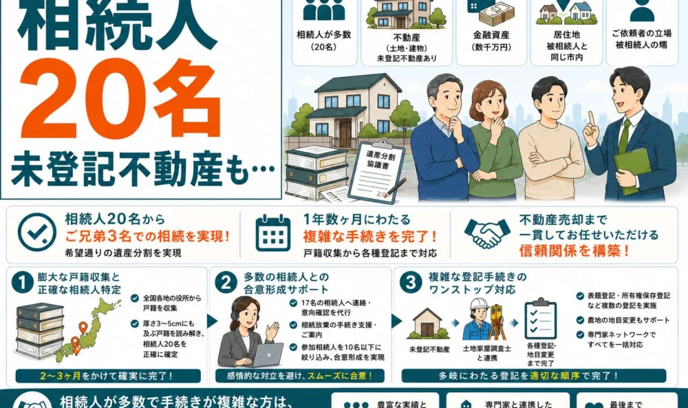 相続人多すぎ!→ご兄弟3人に絞り込んだ遺産分割。未登記不動産、地目変更にも対応した事例
