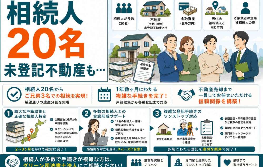 相続人多すぎ!→ご兄弟3人に絞り込んだ遺産分割。未登記不動産、地目変更にも対応した事例