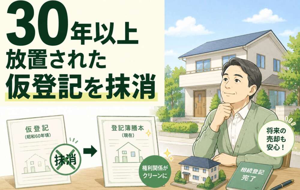 30年以上放置された仮登記の重荷を専門手続きで抹消。相続登記と合わせ、売却の筋道を確保した事例