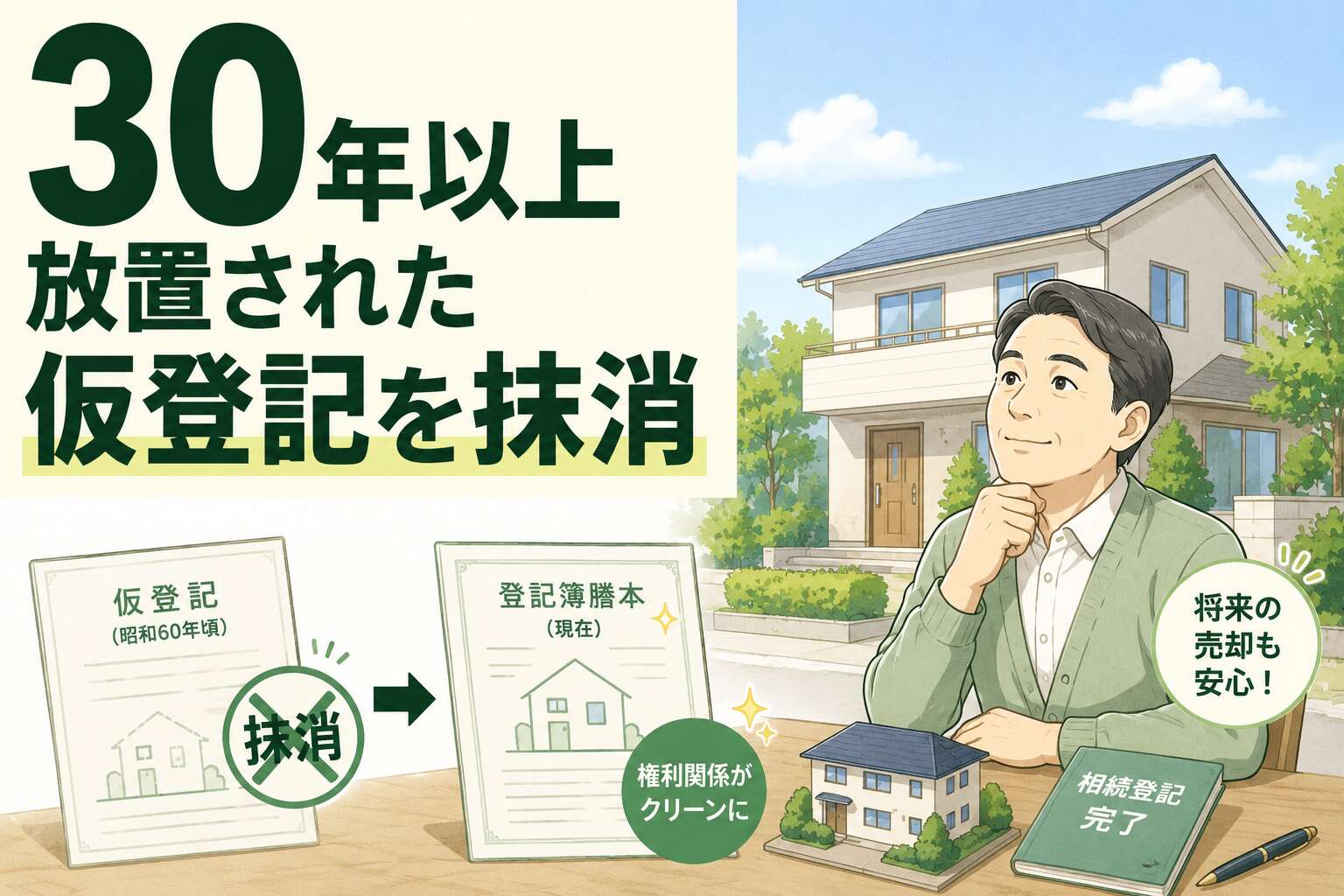 30年以上放置された仮登記の重荷を専門手続きで抹消。相続登記と合わせ、売却の筋道を確保した事例