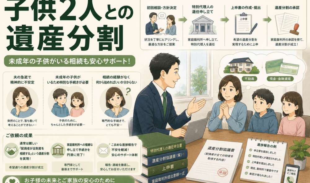 夫の急逝で幼い子供2人との相続。「母親に100%」の遺産分割を家庭裁判所に認めてもらった手続き事例