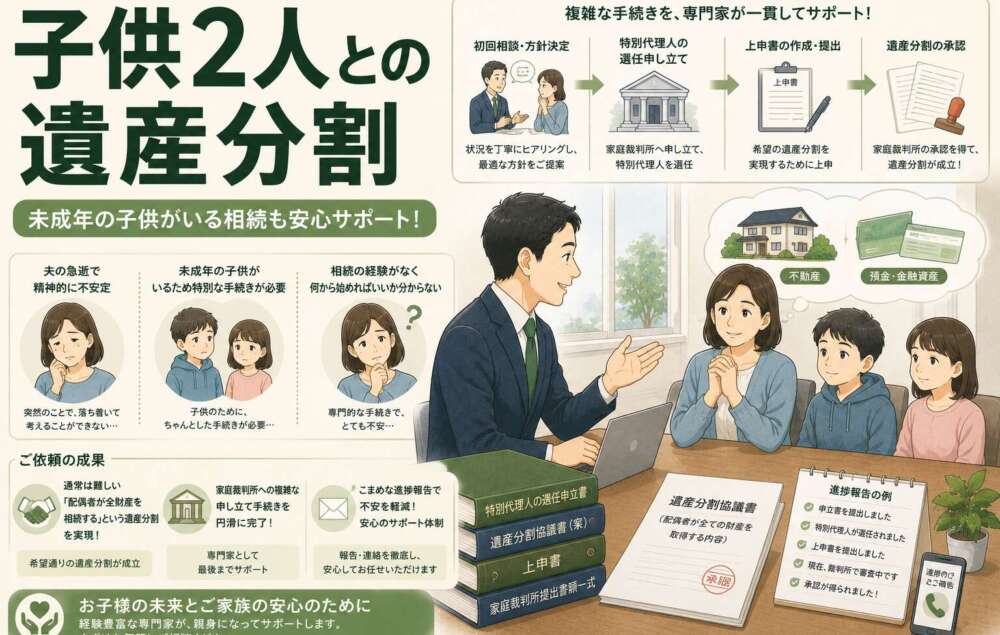 夫の急逝で幼い子供2人との相続。「母親に100%」の遺産分割を家庭裁判所に認めてもらった手続き事例