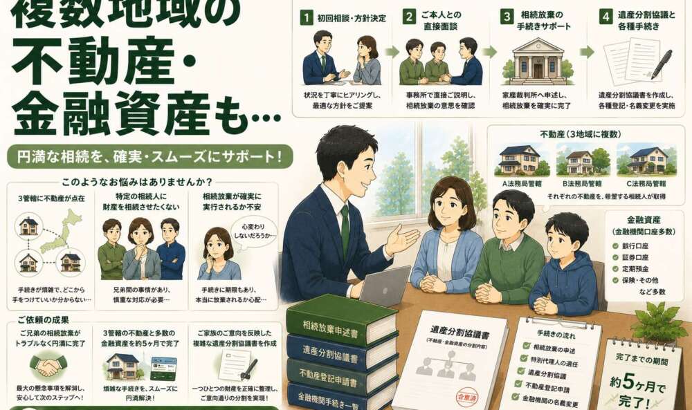 複数地域の不動産と多数の金融資産。一部兄弟の相続放棄も含め、相続手続きを完了させた事例