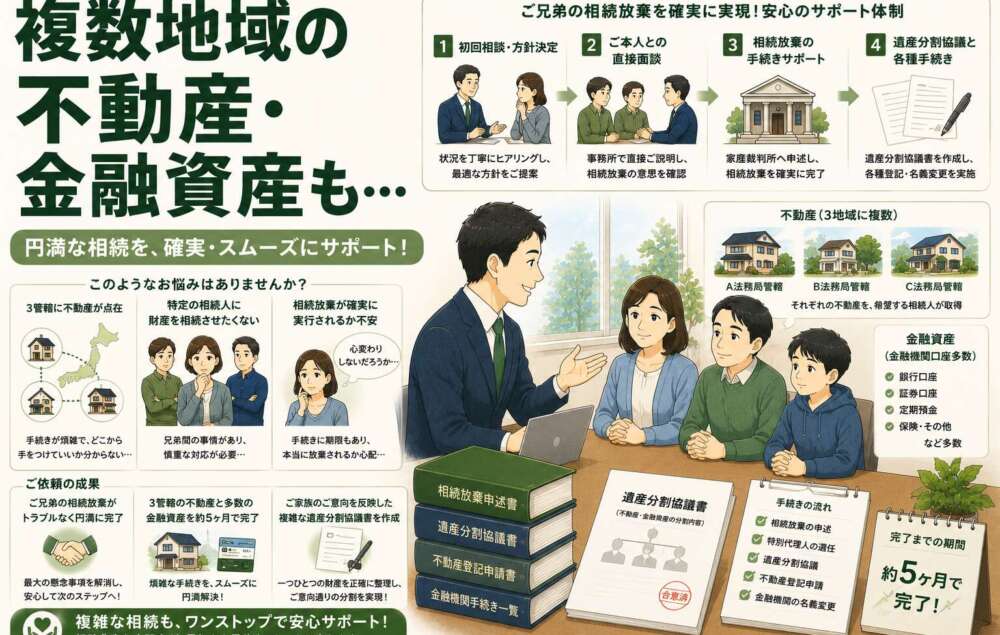 複数地域の不動産と多数の金融資産。一部兄弟の相続放棄も含め、相続手続きを完了させた事例