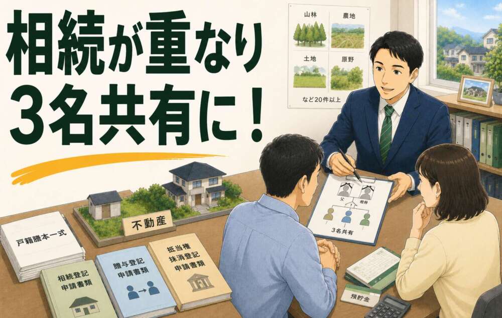 父と祖母の相続が重なり3名共有に!複雑な権利関係を整理し不動産を売却可能な状態へ導いた登記事例
