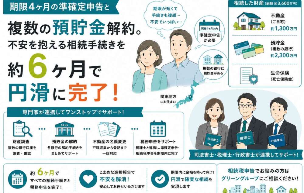 期限4ヶ月の準確定申告と複数の預貯金解約。不安を抱える相続手続きを約6ヶ月で円滑に完了させた事例