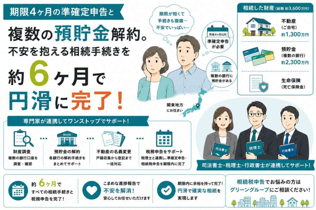 期限4ヶ月の準確定申告と複数の預貯金解約。不安を抱える相続手続きを約6ヶ月で円滑に完了させた事例