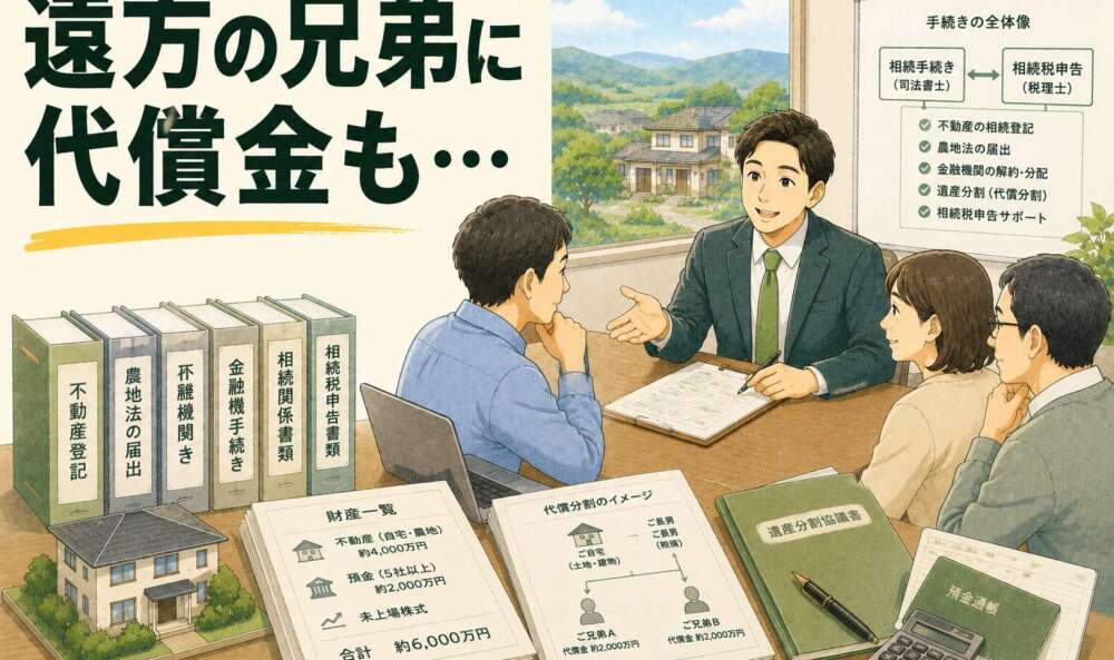 財産6,000万円・遠方の兄弟へ代償金約2,000万円。相続税申告と複雑な手続きを円満に解決した事例