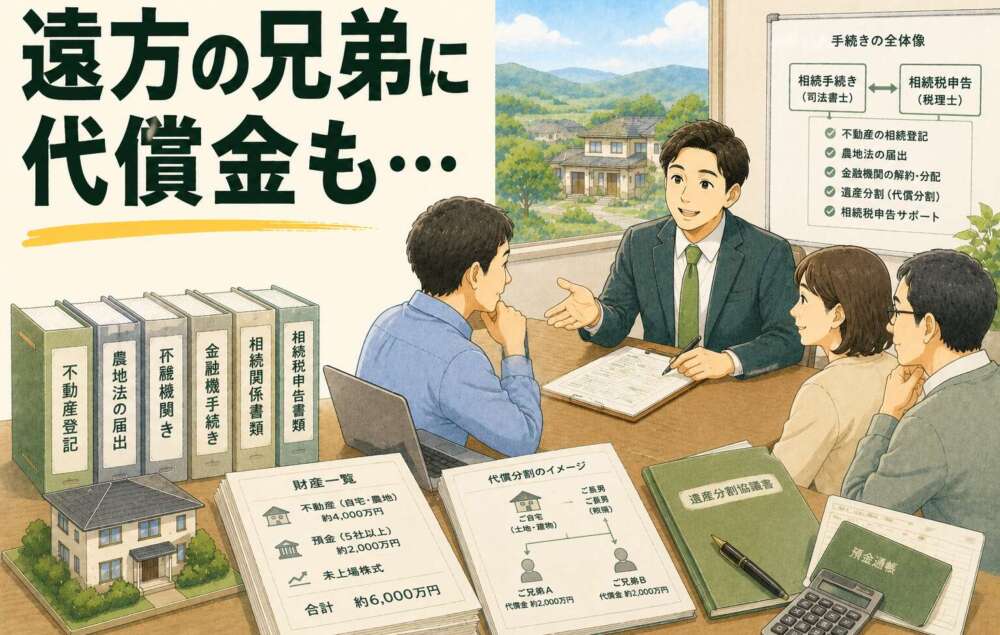 財産6,000万円・遠方の兄弟へ代償金約2,000万円。相続税申告と複雑な手続きを円満に解決した事例