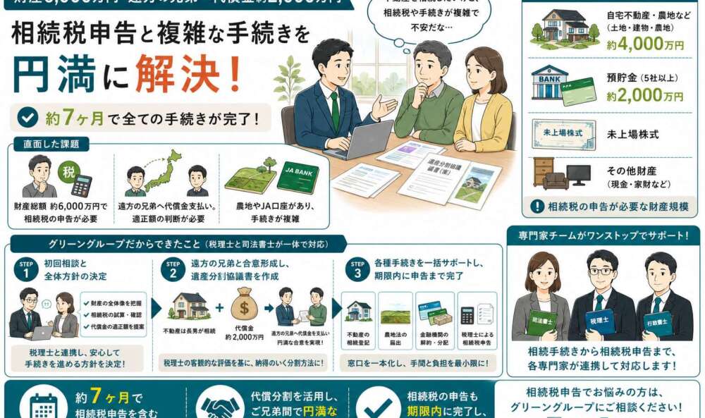 財産6,000万円・遠方の兄弟へ代償金約2,000万円。相続税申告と複雑な手続きを円満に解決した事例