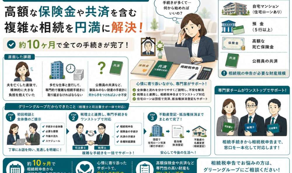 夫を亡くされ仕事に追われる中、高額な保険金や共済金を含む相続手続きを約10ヶ月で完了させた事例