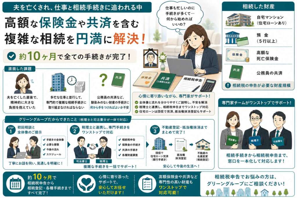 夫を亡くされ仕事に追われる中、高額な保険金や共済金を含む相続手続きを約10ヶ月で完了させた事例
