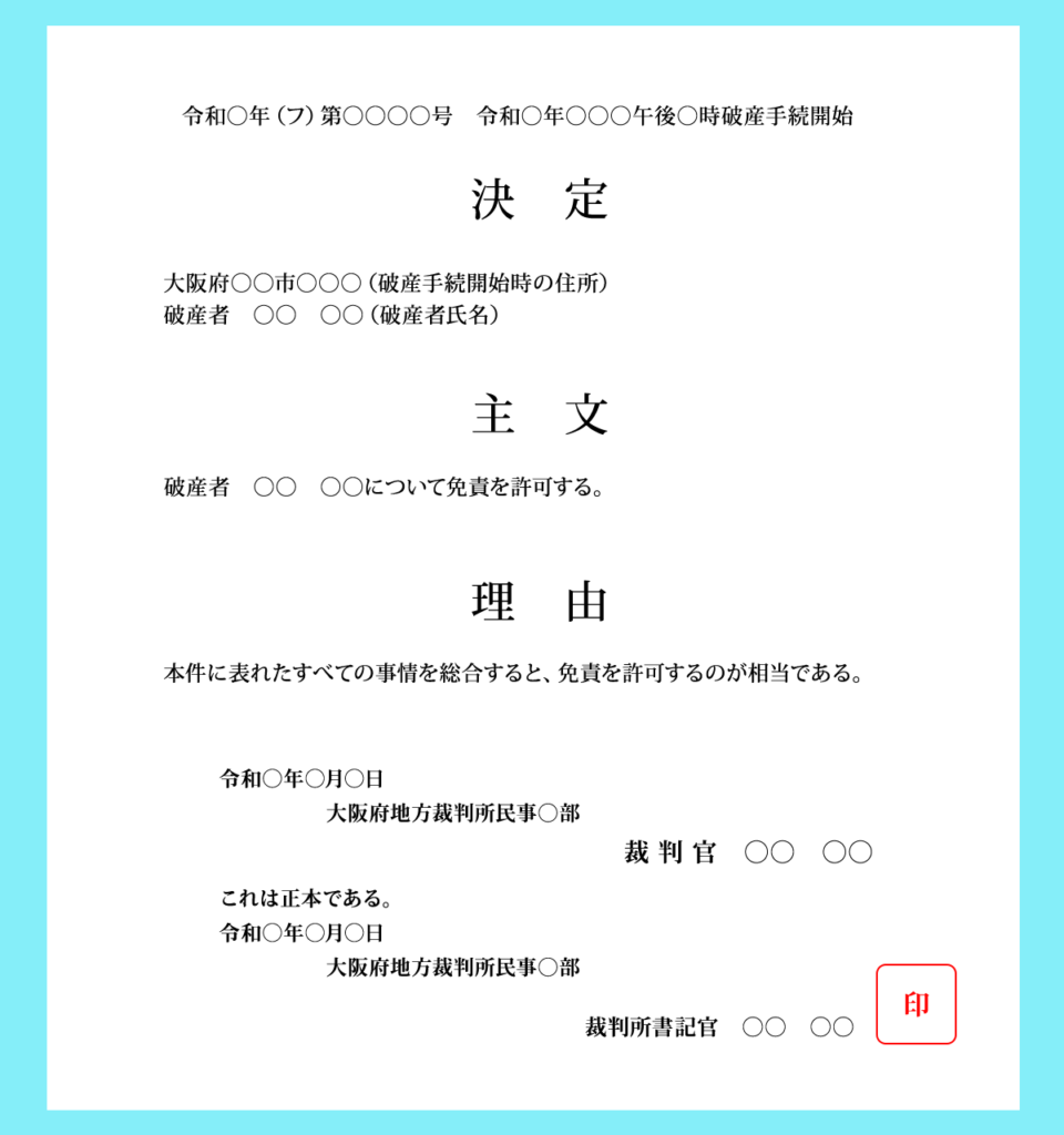 免責許可決定通知書