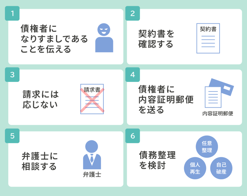消費者金融で勝手に借りられた場合の対処法①債権者になりすましであることを伝える、②契約書を確認する、③請求には応じない、④債権者に内容証明郵便を送る、⑤弁護士に相談する、⑥債務整理を検討